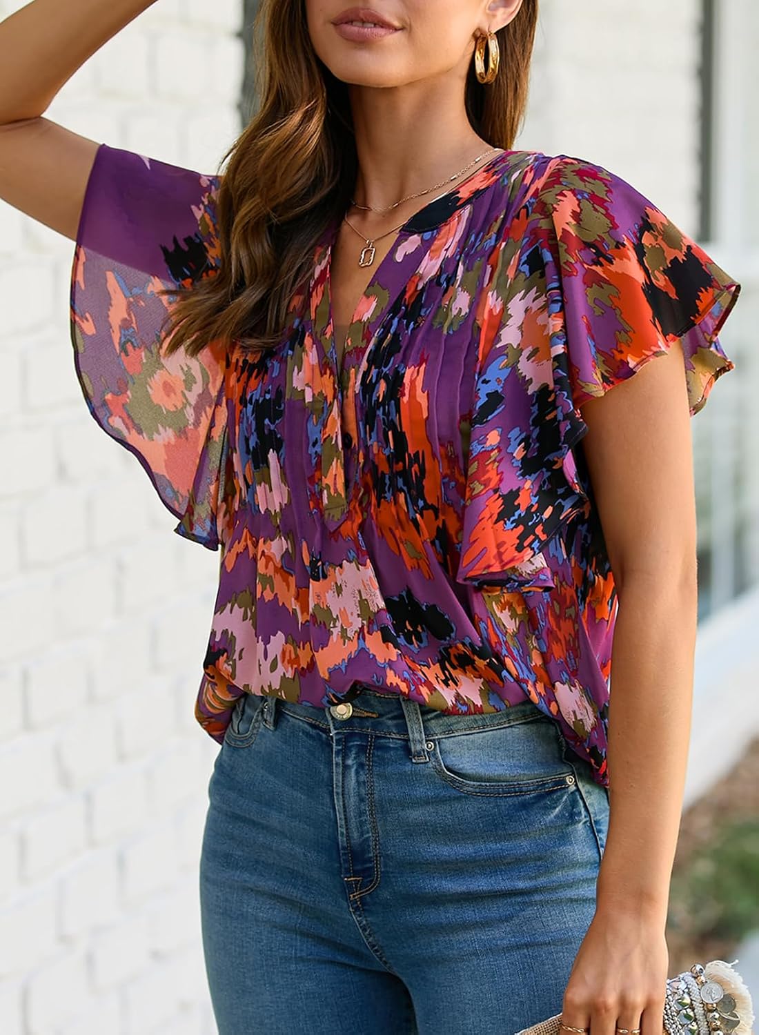 Women's Fashion Ruffle Chiffon Shirt V Neck Pullover Printed Blouse Elegant Short Sleeve Blouse