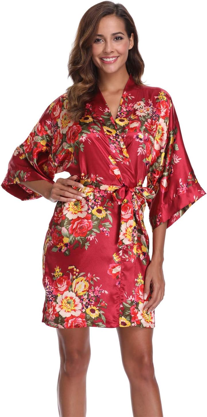 Women's Floral Satin Kimono Robes Short Bridesmaids Robes