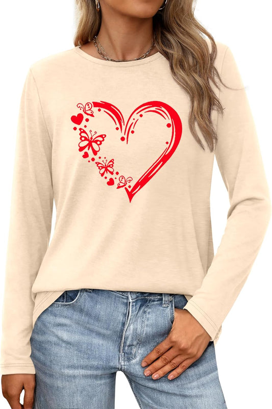 Women Love Heart Casual Funny Long Sleeve Tee Tops