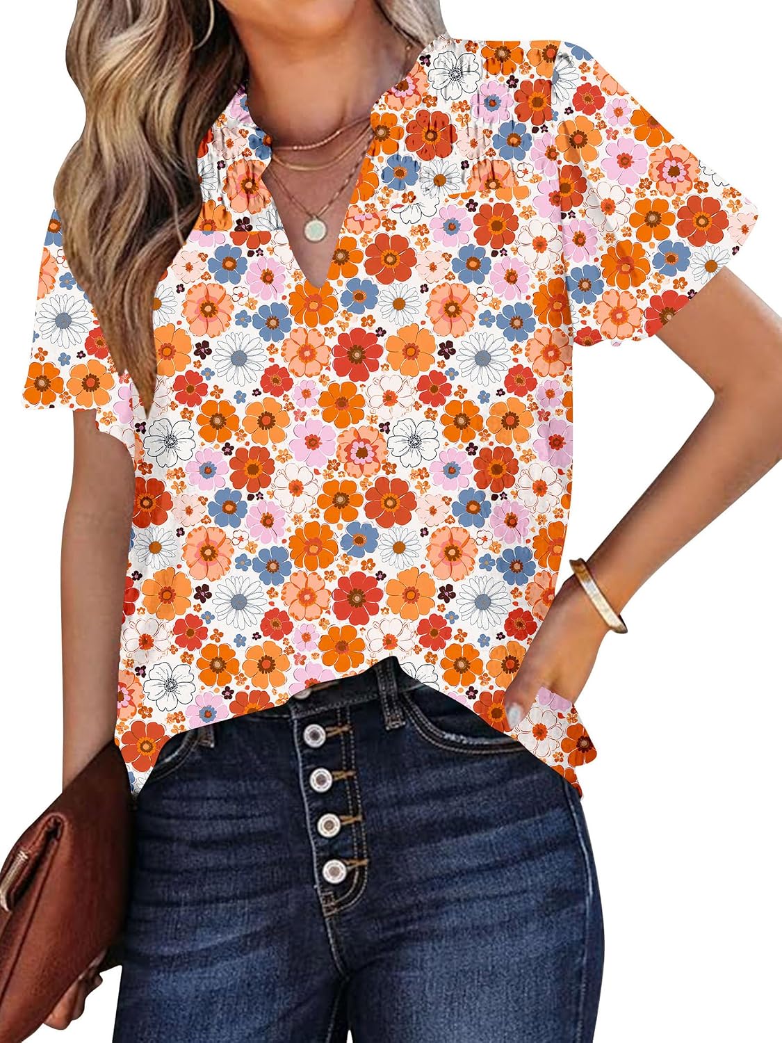 Ladies Short Sleeve Tops V Neck Bohemian Blouses Summer Floral Print Shirts
