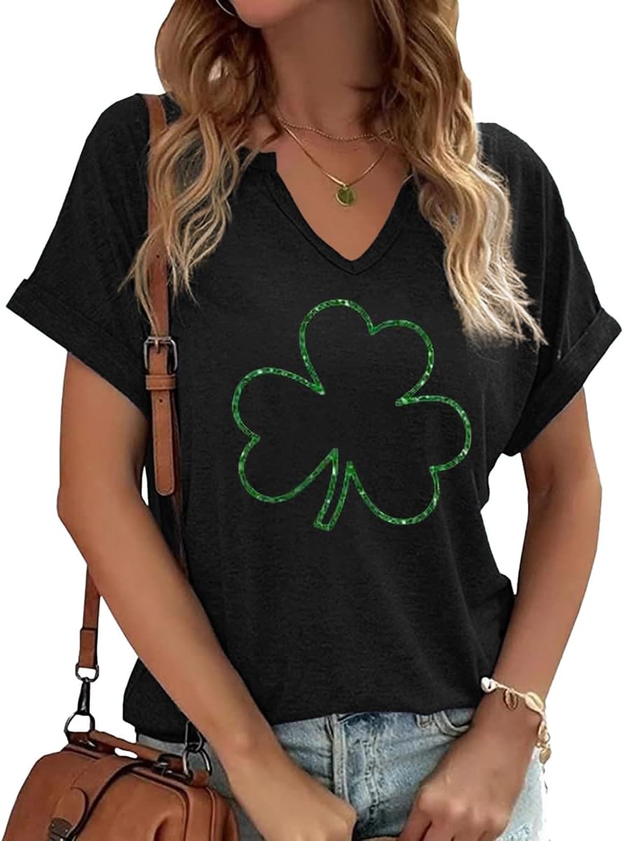 Womens Short Sleeve V Neck T-Shirts Love Heart Printed St. Patrick's Day Shirts Graphic Tees