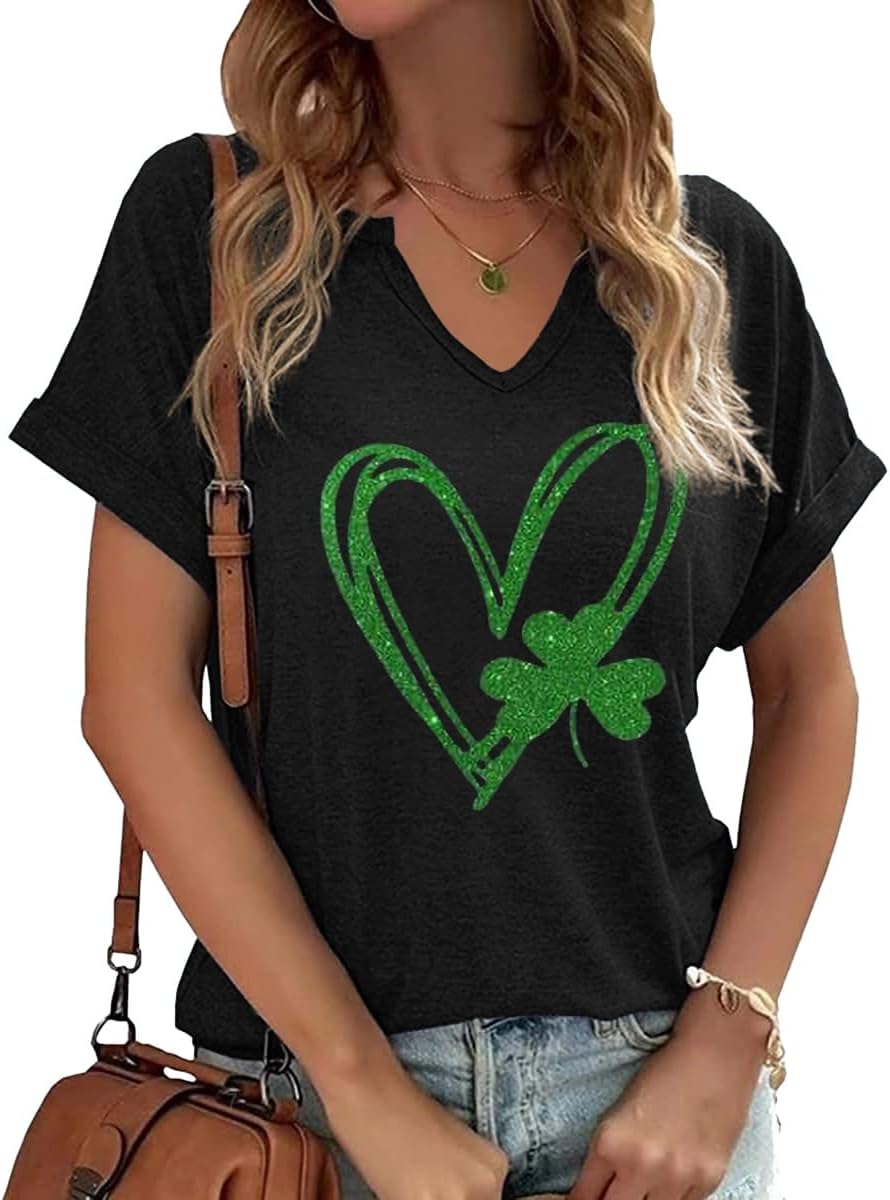 Womens Short Sleeve V Neck T-Shirts Love Heart Printed St. Patrick's Day Shirts Graphic Tees