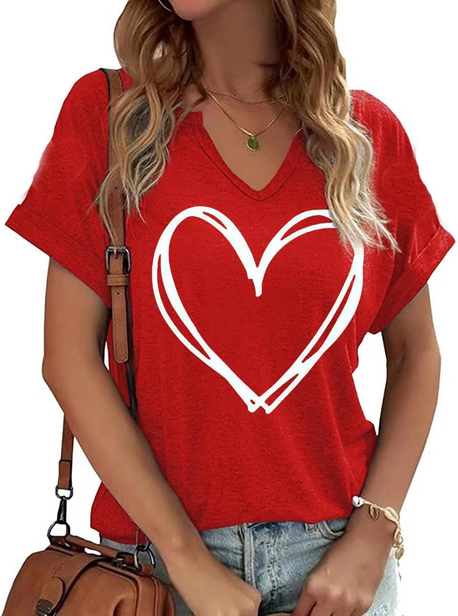 Womens Short Sleeve V Neck T-Shirts Love Heart Printed St. Patrick's Day Shirts Graphic Tees