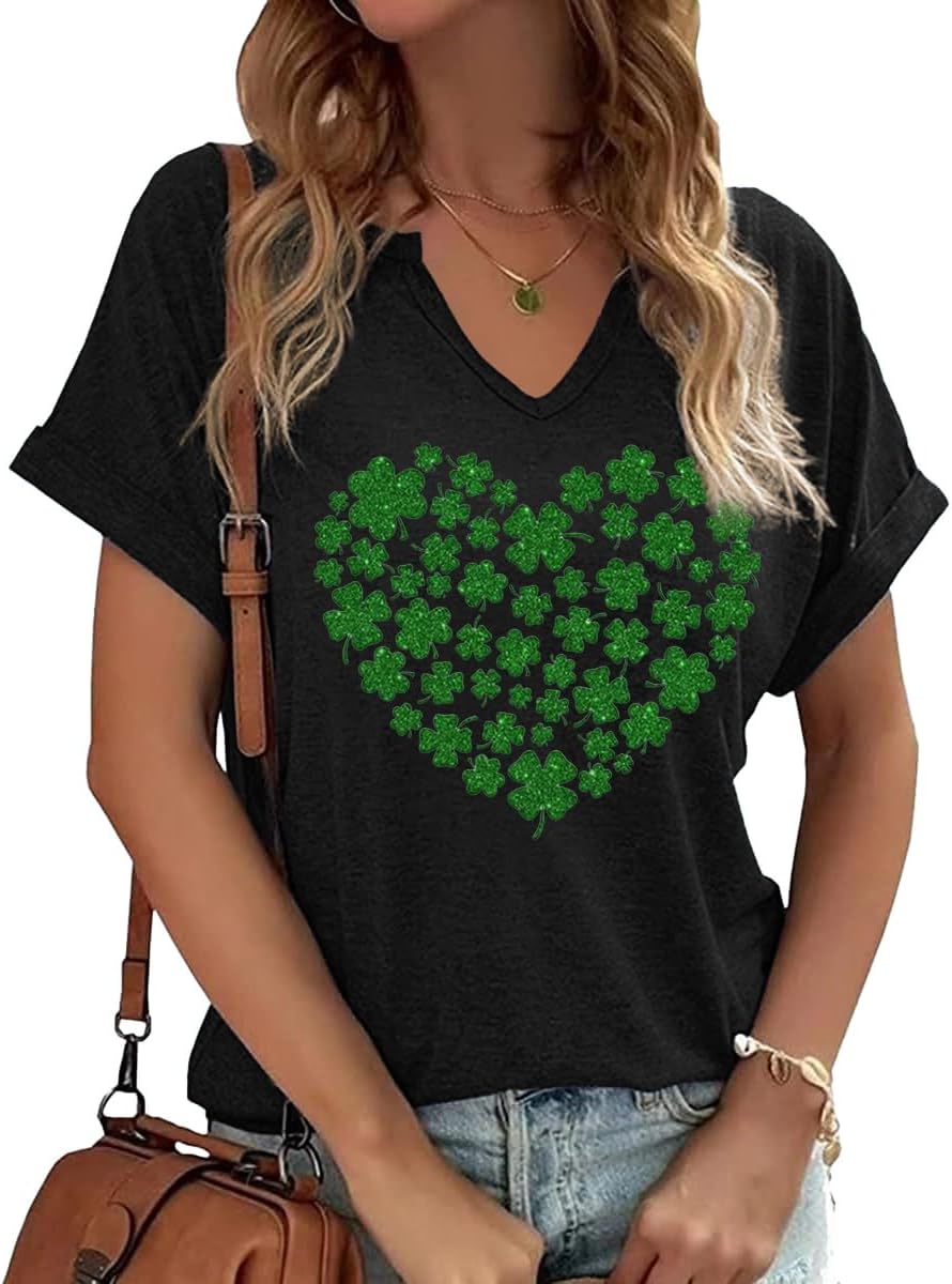 Womens Short Sleeve V Neck T-Shirts Love Heart Printed St. Patrick's Day Shirts Graphic Tees