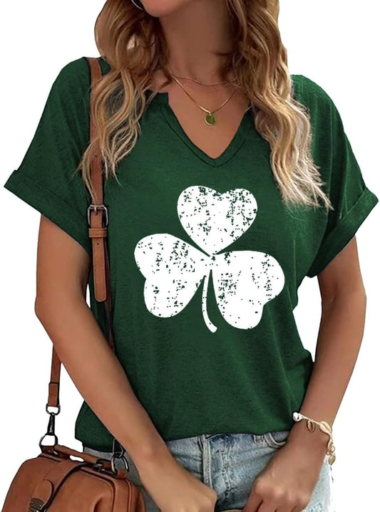Womens Short Sleeve V Neck T-Shirts Love Heart Printed St. Patrick's Day Shirts Graphic Tees