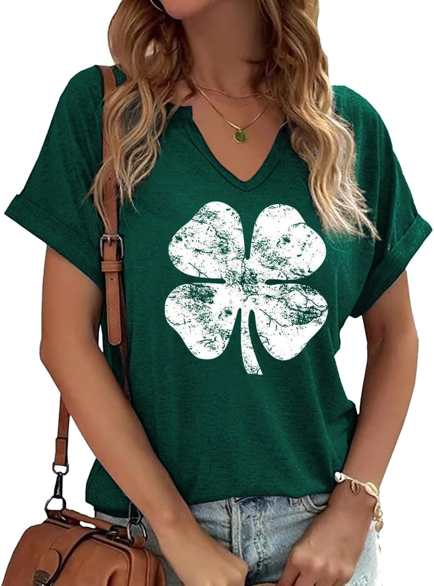 Womens Short Sleeve V Neck T-Shirts Love Heart Printed St. Patrick's Day Shirts Graphic Tees