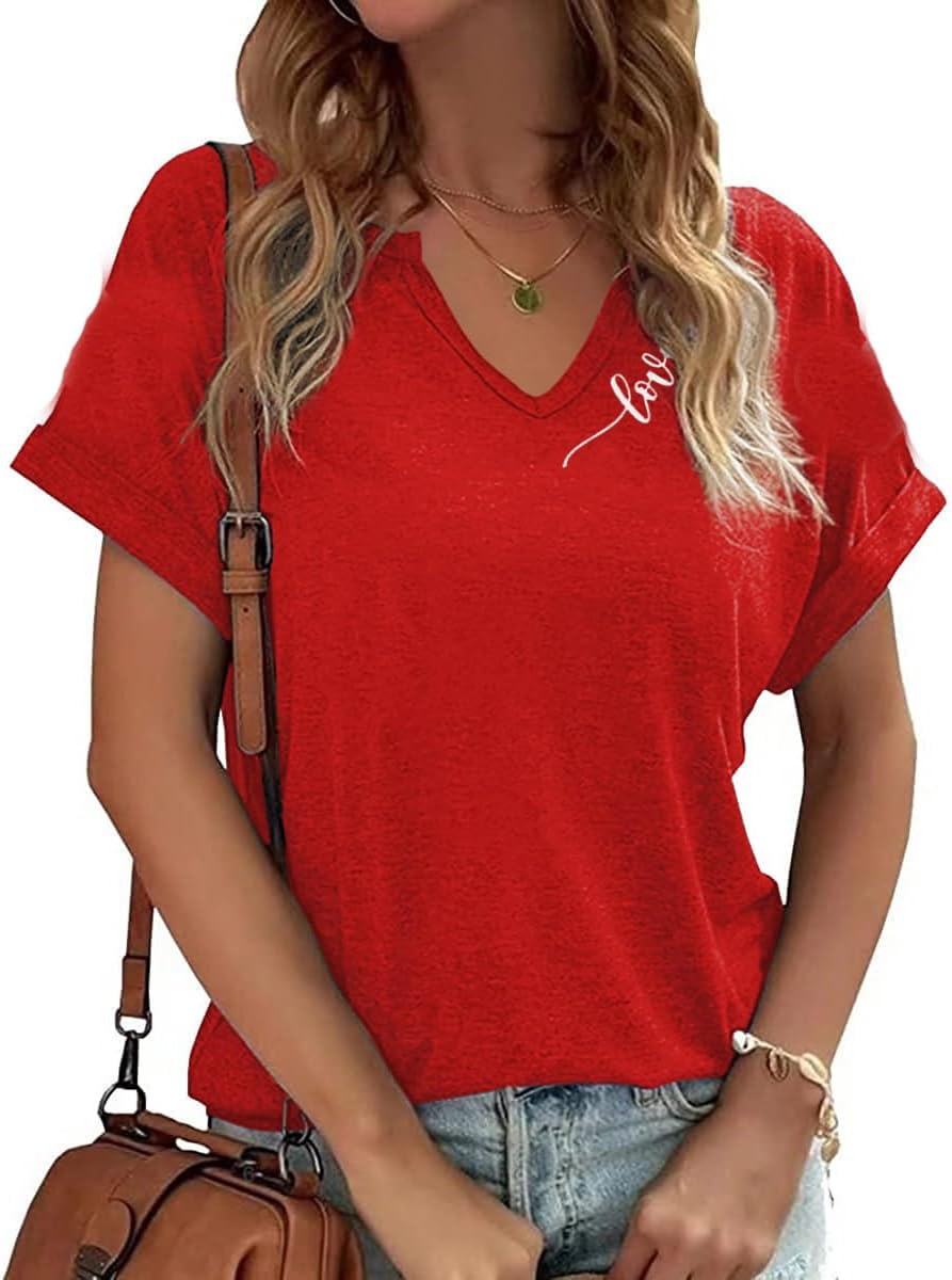 Womens Short Sleeve V Neck T-Shirts Love Heart Printed St. Patrick's Day Shirts Graphic Tees