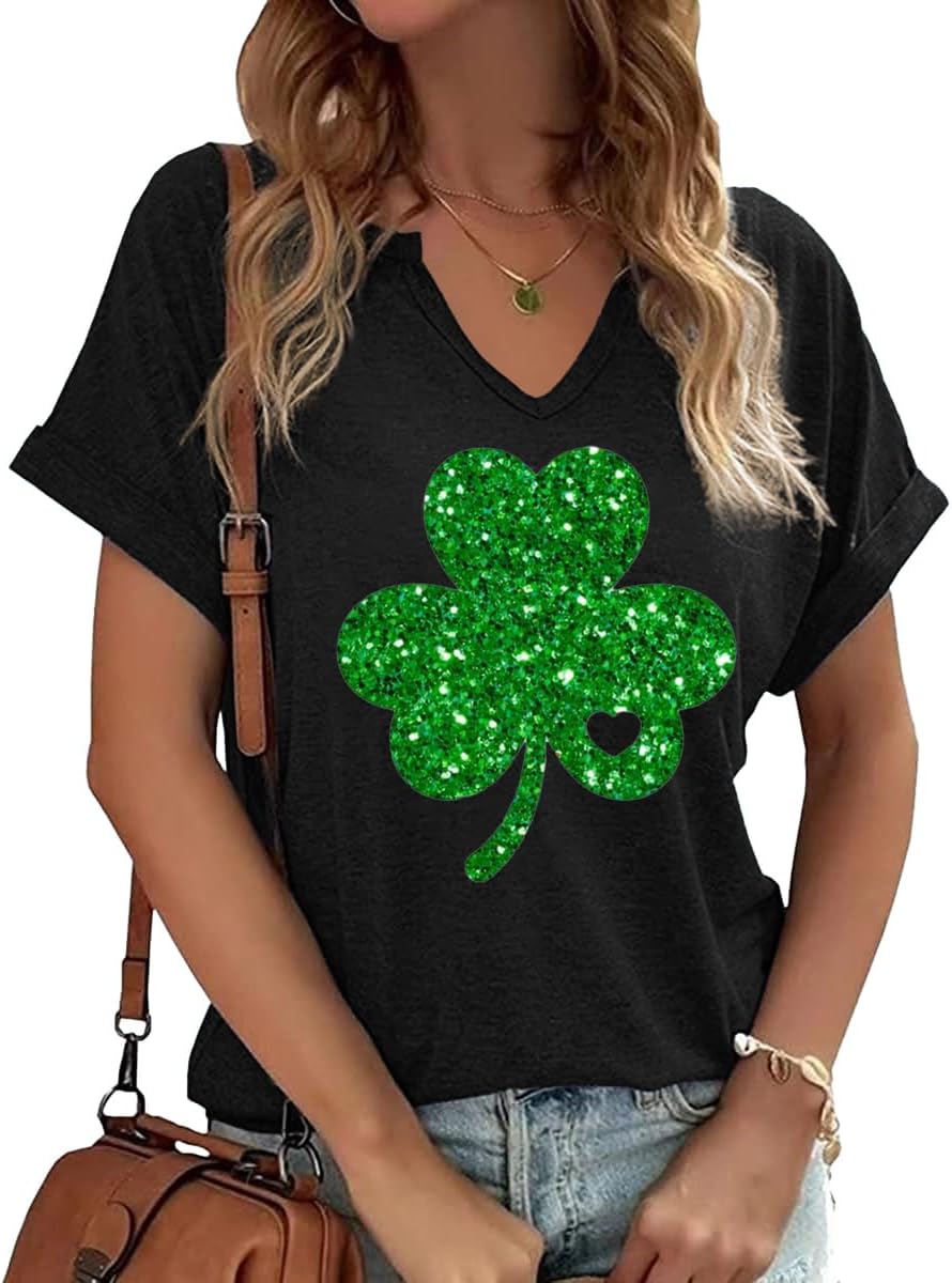 Womens Short Sleeve V Neck T-Shirts Love Heart Printed St. Patrick's Day Shirts Graphic Tees