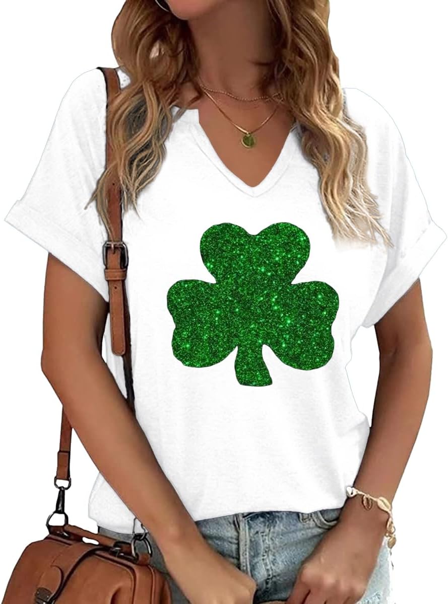Womens Short Sleeve V Neck T-Shirts Love Heart Printed St. Patrick's Day Shirts Graphic Tees