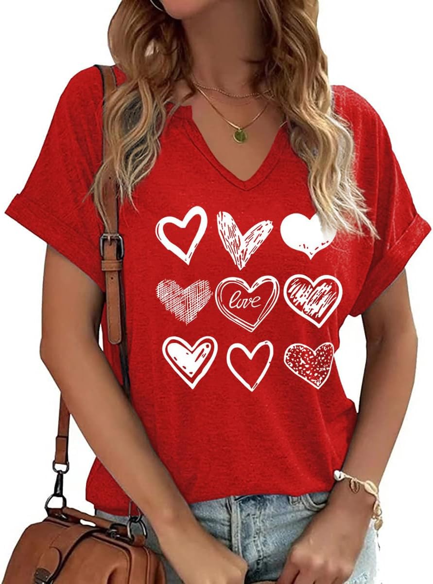 Womens Short Sleeve V Neck T-Shirts Love Heart Printed St. Patrick's Day Shirts Graphic Tees