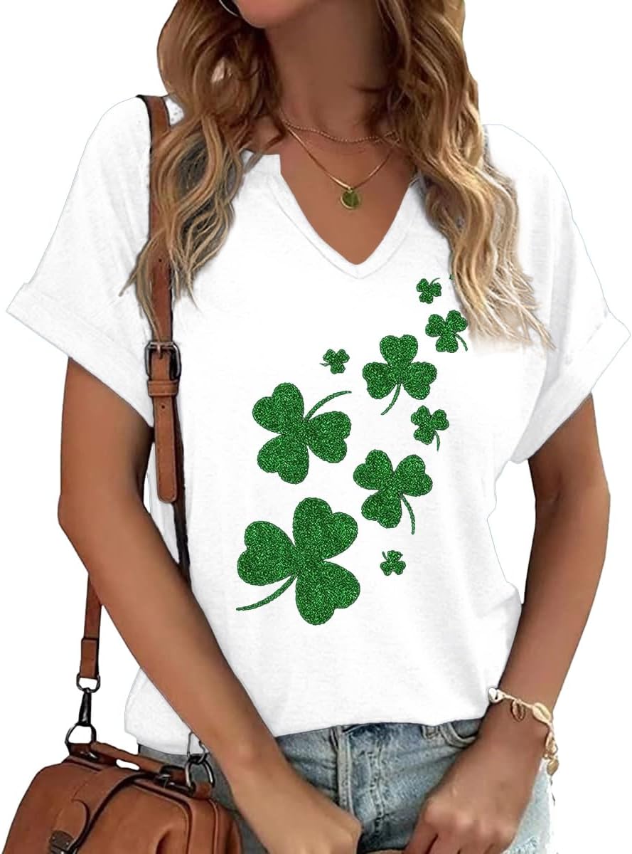 Womens Short Sleeve V Neck T-Shirts Love Heart Printed St. Patrick's Day Shirts Graphic Tees