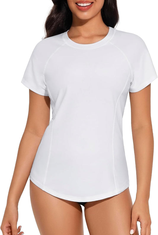 Women Short Sleeve UPF 50+ Round Neck Swimsuit Top Quick Dry White Only Swim Top