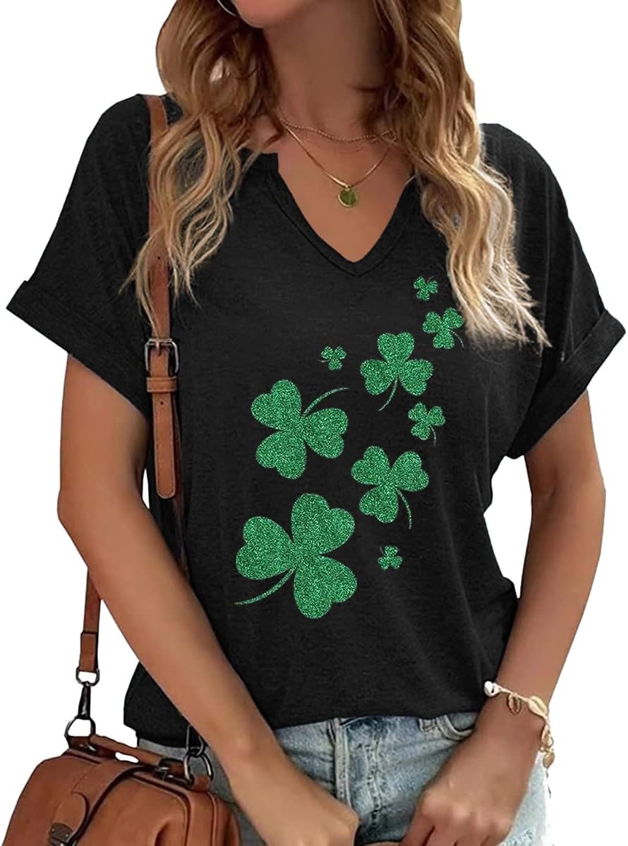 Womens Short Sleeve V Neck T-Shirts Love Heart Printed St. Patrick's Day Shirts Graphic Tees