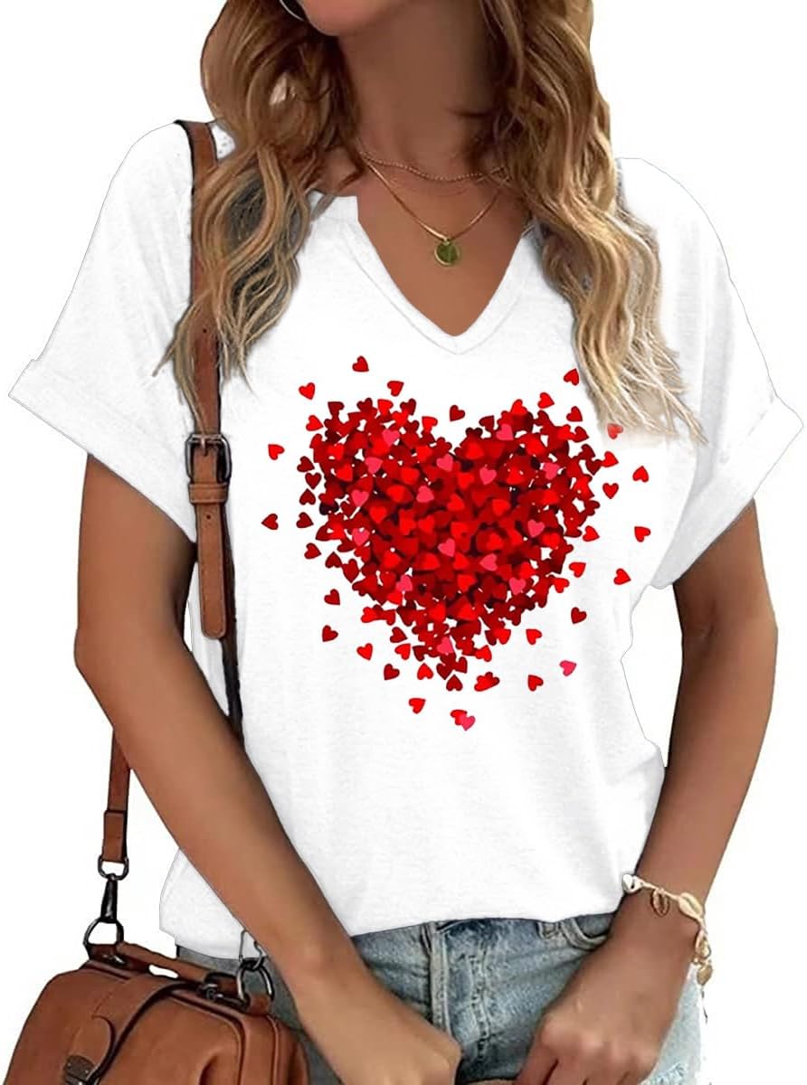Womens Short Sleeve V Neck T-Shirts Love Heart Printed St. Patrick's Day Shirts Graphic Tees