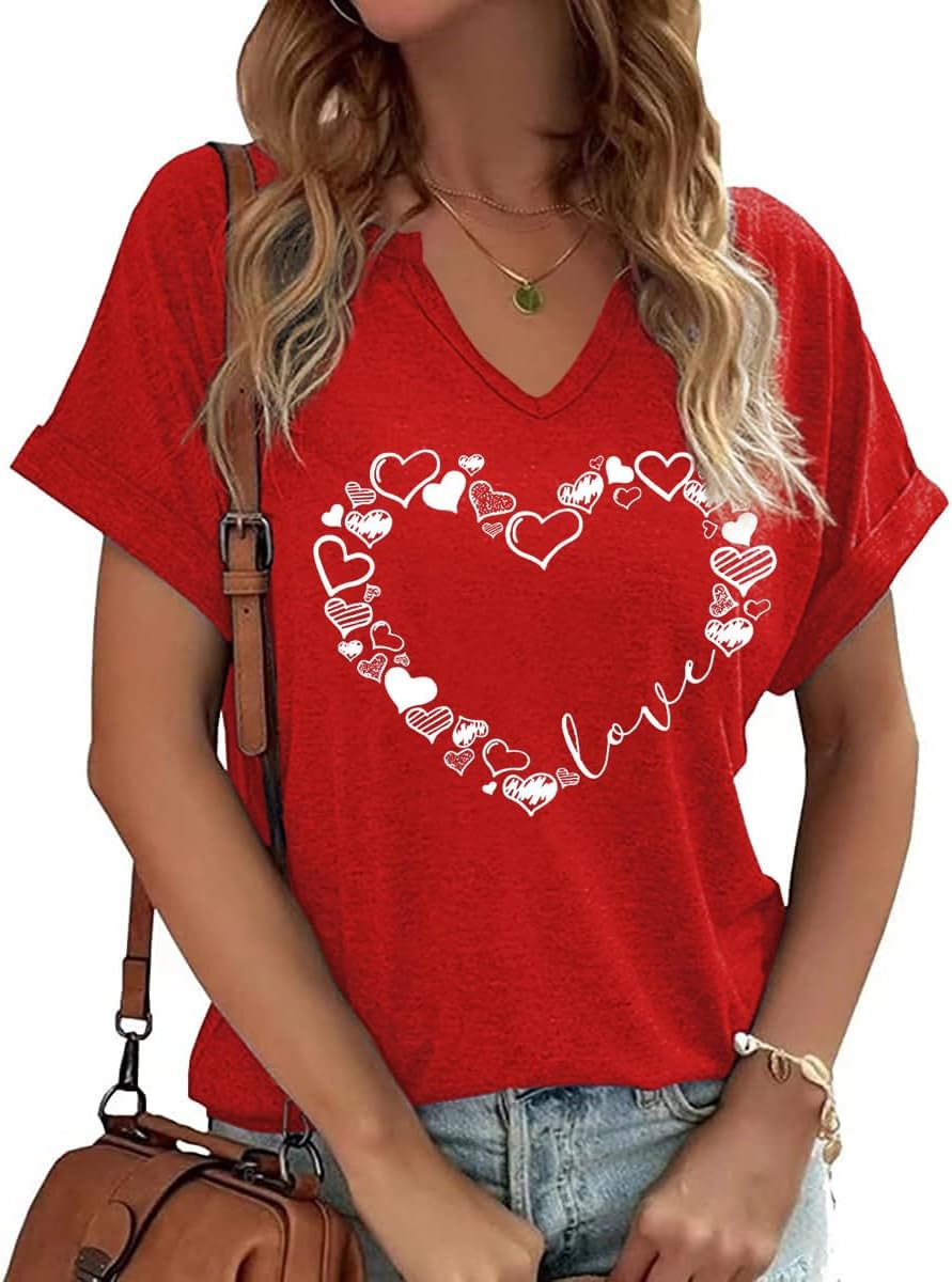 Womens Short Sleeve V Neck T-Shirts Love Heart Printed St. Patrick's Day Shirts Graphic Tees