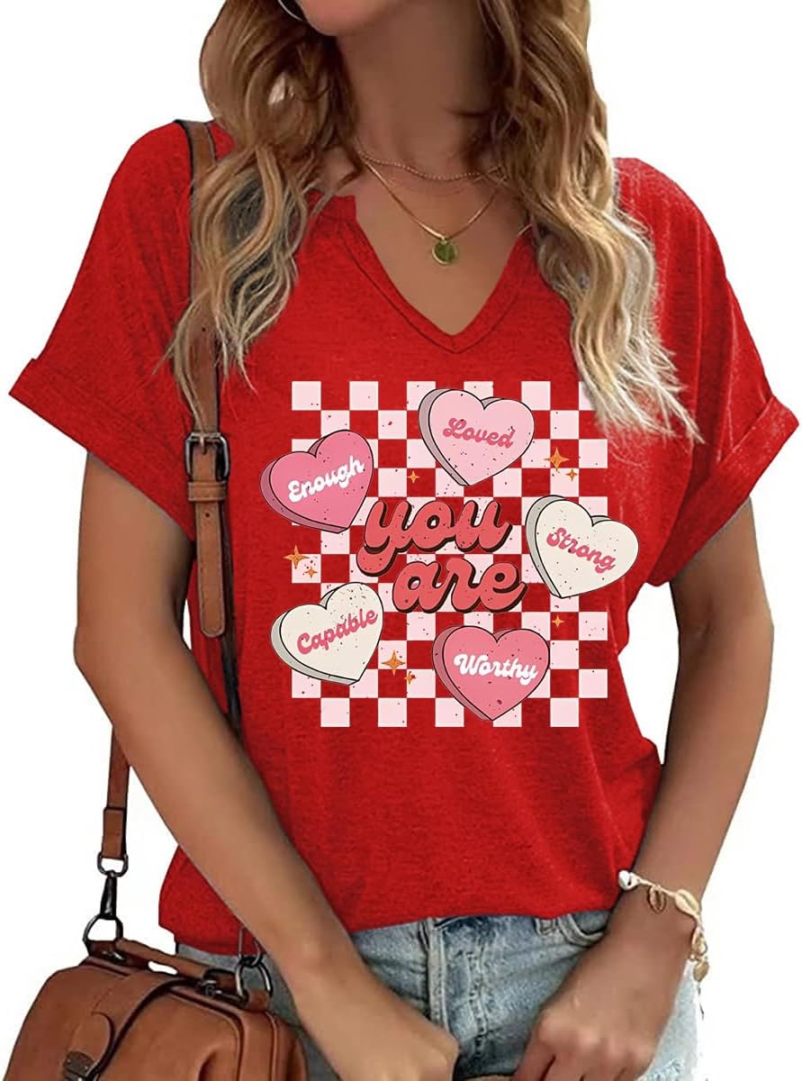 Womens Short Sleeve V Neck T-Shirts Love Heart Printed St. Patrick's Day Shirts Graphic Tees