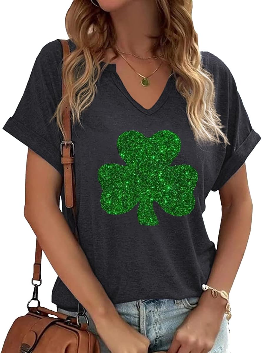 Womens Short Sleeve V Neck T-Shirts Love Heart Printed St. Patrick's Day Shirts Graphic Tees