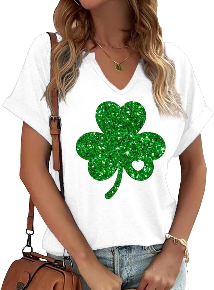 Womens Short Sleeve V Neck T-Shirts Love Heart Printed St. Patrick's Day Shirts Graphic Tees