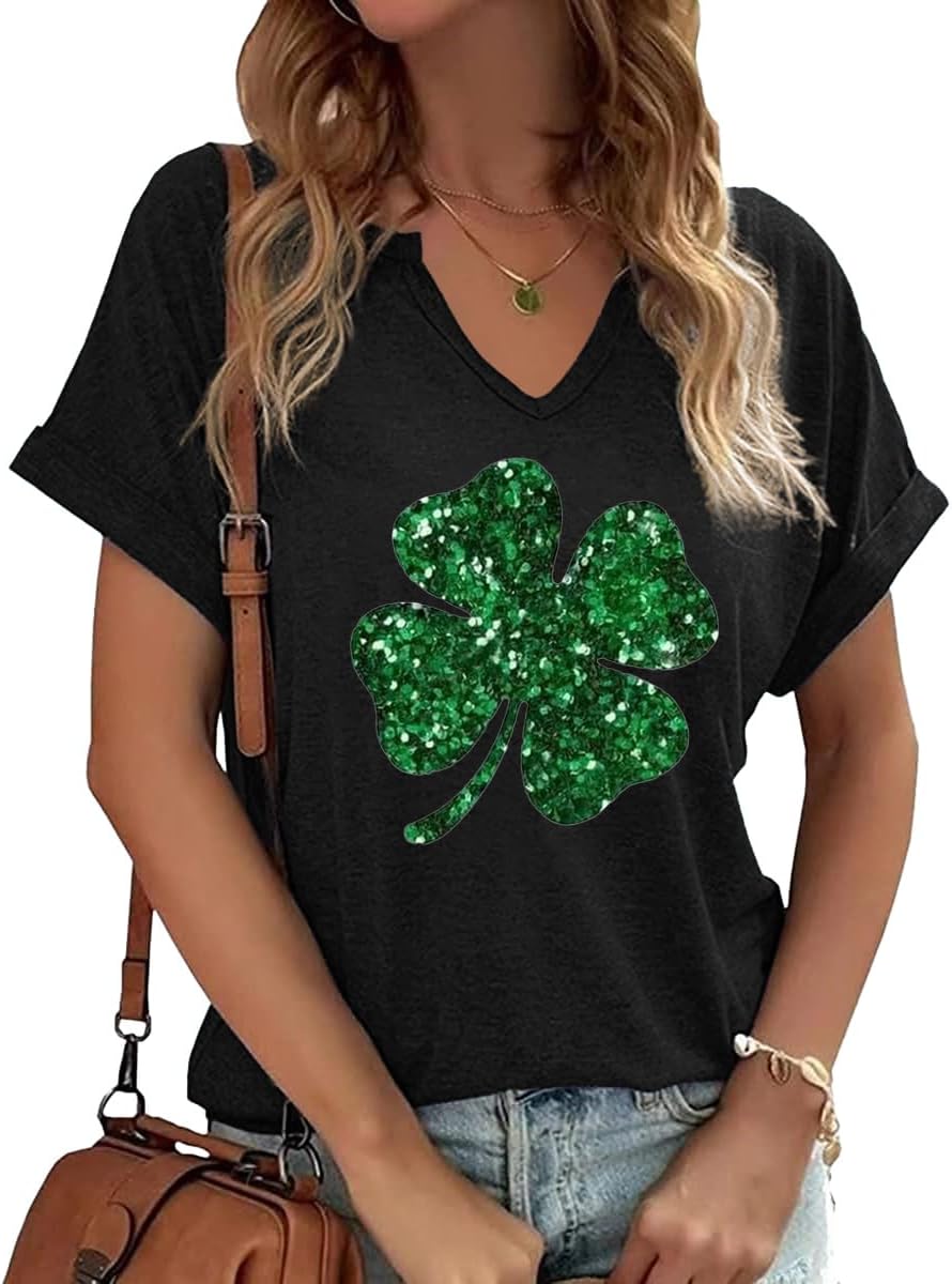 Womens Short Sleeve V Neck T-Shirts Love Heart Printed St. Patrick's Day Shirts Graphic Tees