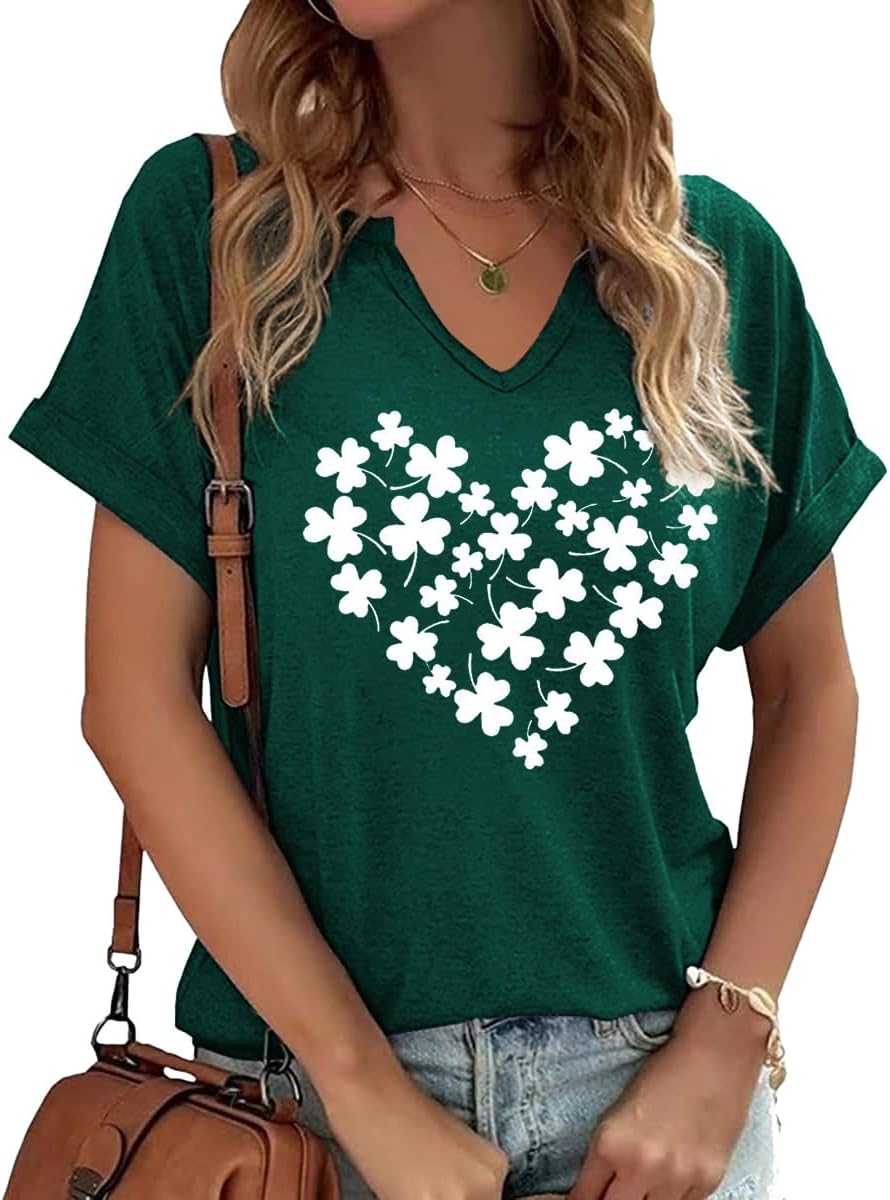 Womens Short Sleeve V Neck T-Shirts Love Heart Printed St. Patrick's Day Shirts Graphic Tees