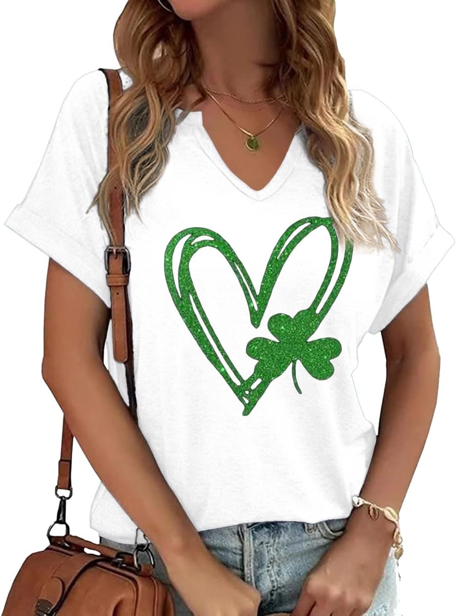 Womens Short Sleeve V Neck T-Shirts Love Heart Printed St. Patrick's Day Shirts Graphic Tees