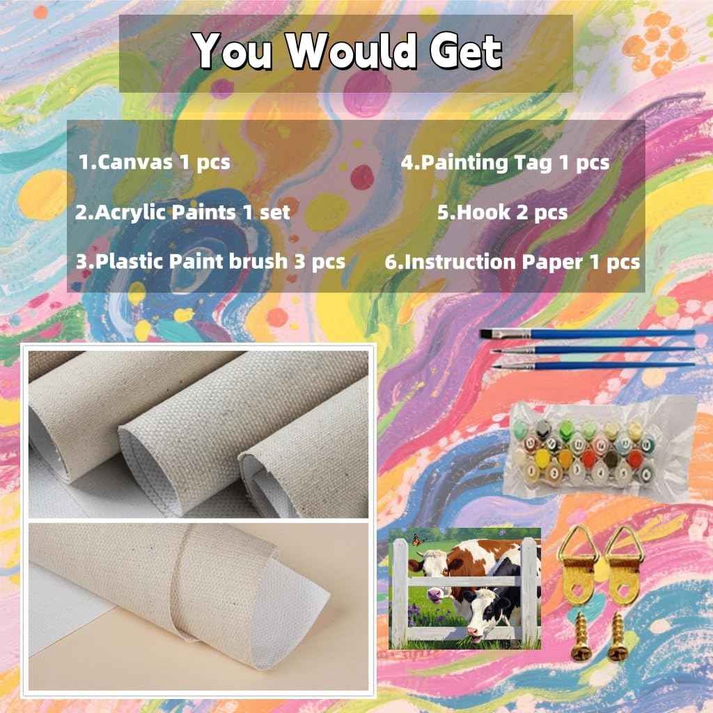 Farm Cow Adult Paint by Number Kits on Canvas. DIY Acrylic Oil Easy Painting by Numbers