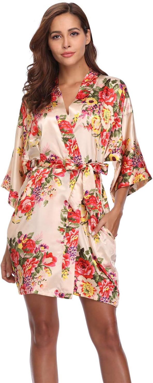 Women's Floral Satin Kimono Robes Short Bridesmaids Robes