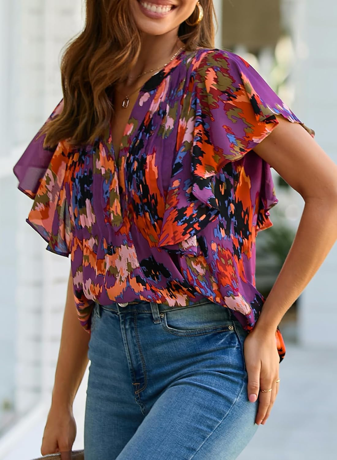 Women's Fashion Ruffle Chiffon Shirt V Neck Pullover Printed Blouse Elegant Short Sleeve Blouse