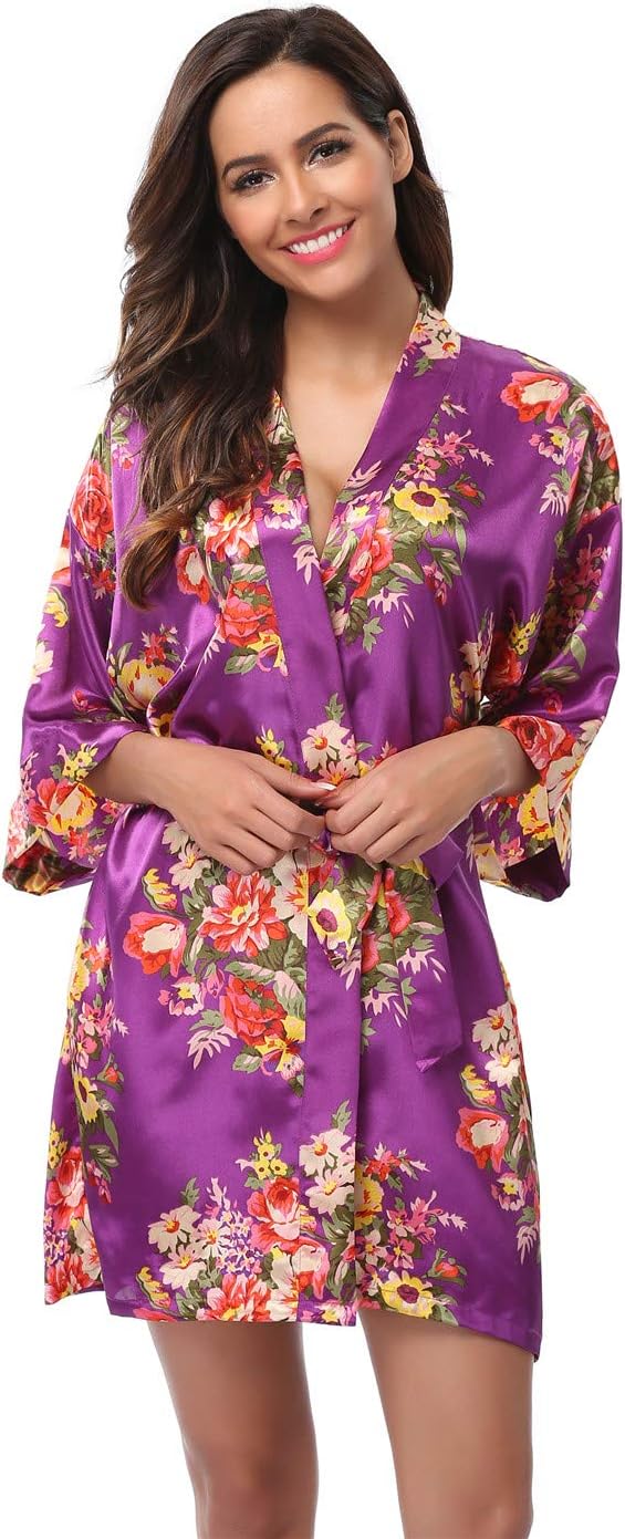 Women's Floral Satin Kimono Robes Short Bridesmaids Robes