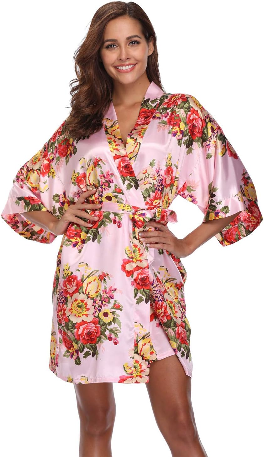 Women's Floral Satin Kimono Robes Short Bridesmaids Robes