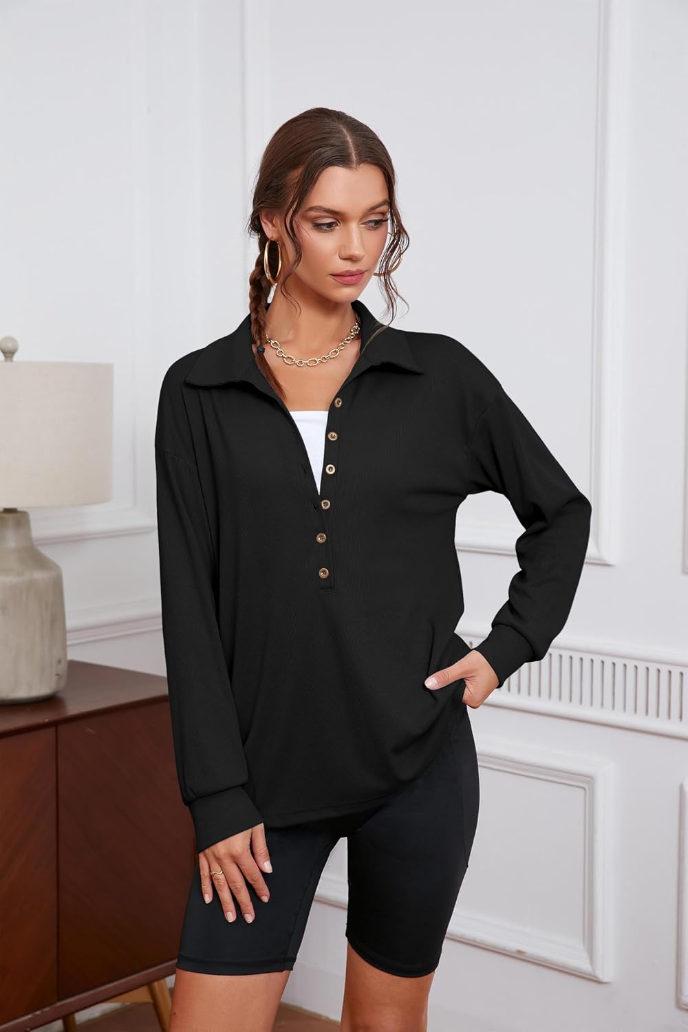 Womens Sweatshirt Casual Long Sleeve Lightweight Sweatshirts Button Loose Pullover Tunic Tops