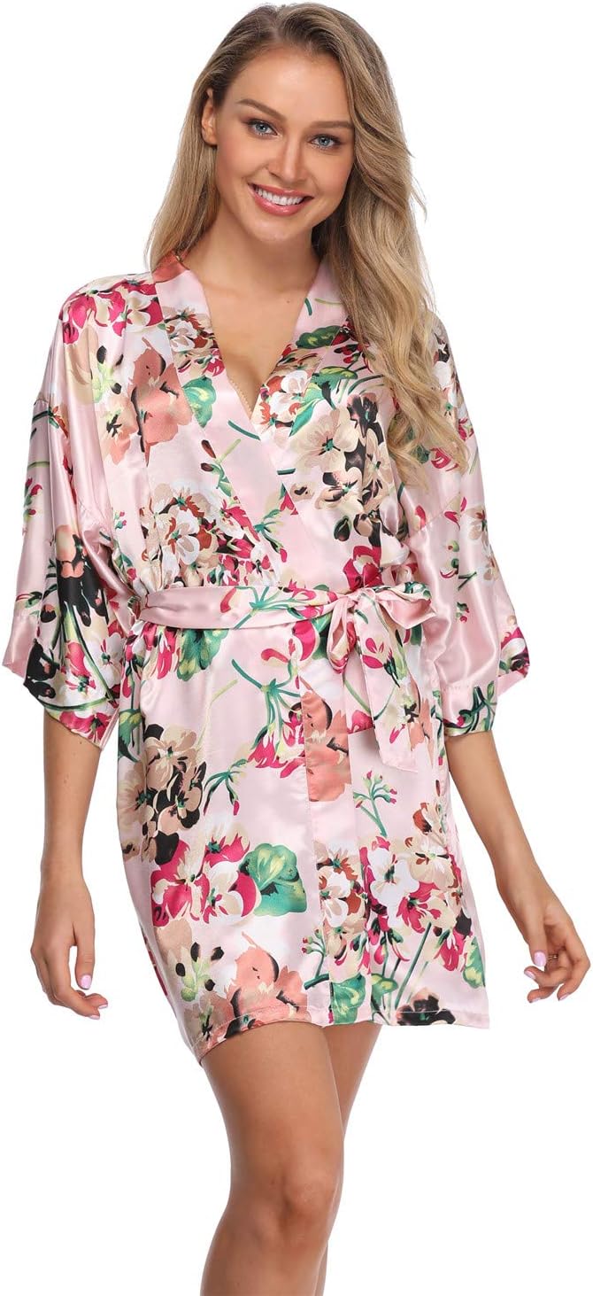 Women's Floral Satin Kimono Robes Short Bridesmaids Robes
