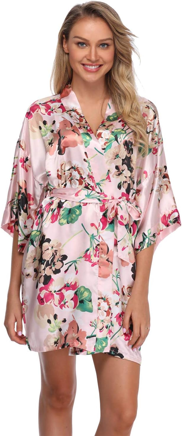 Women's Floral Satin Kimono Robes Short Bridesmaids Robes