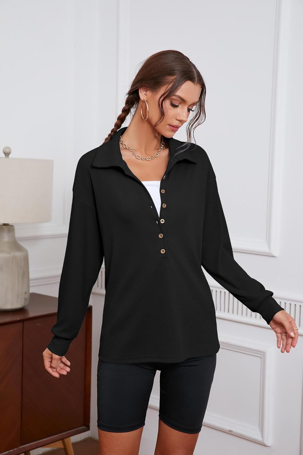 Womens Sweatshirt Casual Long Sleeve Lightweight Sweatshirts Button Loose Pullover Tunic Tops