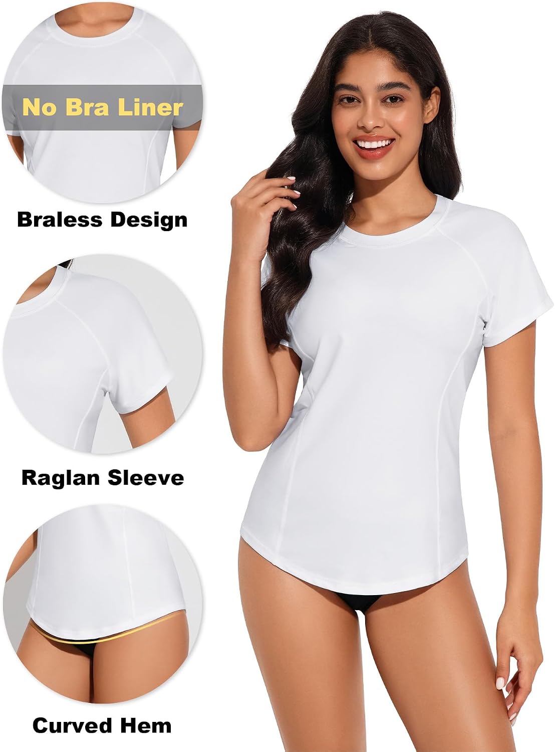 Women Short Sleeve UPF 50+ Round Neck Swimsuit Top Quick Dry White Only Swim Top