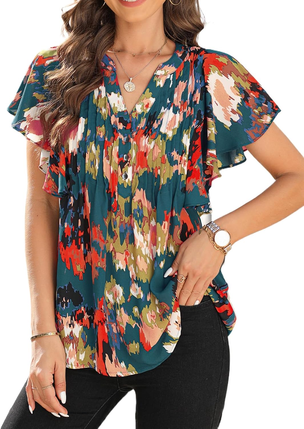 Women's Fashion Ruffle Chiffon Shirt V Neck Pullover Printed Blouse Elegant Short Sleeve Blouse
