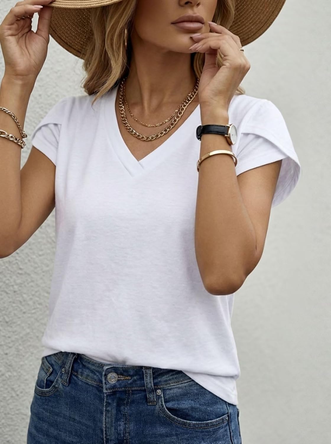 Women Petal Sleeve Summer Tops Capsule Wardrobe Essentials Dressy Casual Blouse