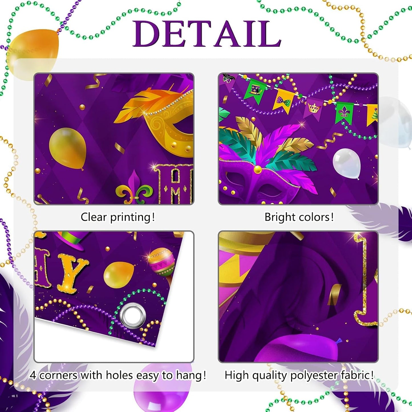 Purple Green Mask Feather Balloon Carnival Masquerade Background Mardi Gras Birthday Dancing Party Supplies (6x3.6ft)