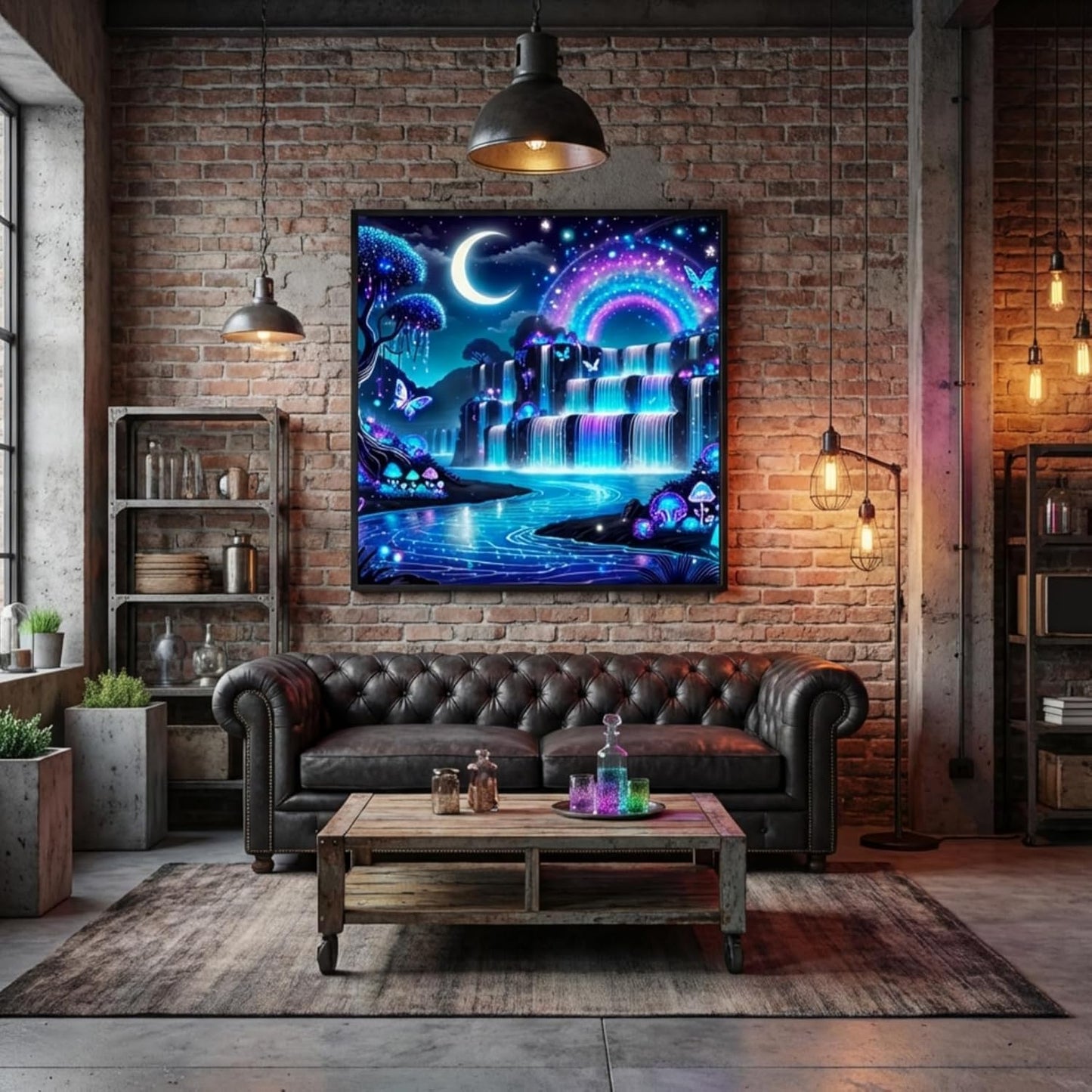 Waterfall Moon Diamond Painting Kit for Adults Beginners. Fantasy Rainbow Landscape Round Full Drill Diamond Dots
