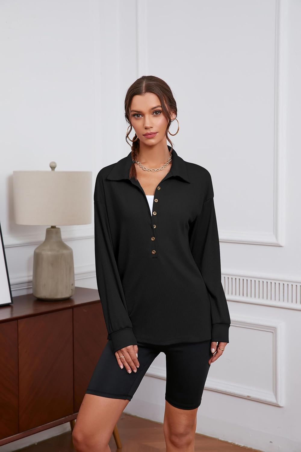 Womens Sweatshirt Casual Long Sleeve Lightweight Sweatshirts Button Loose Pullover Tunic Tops