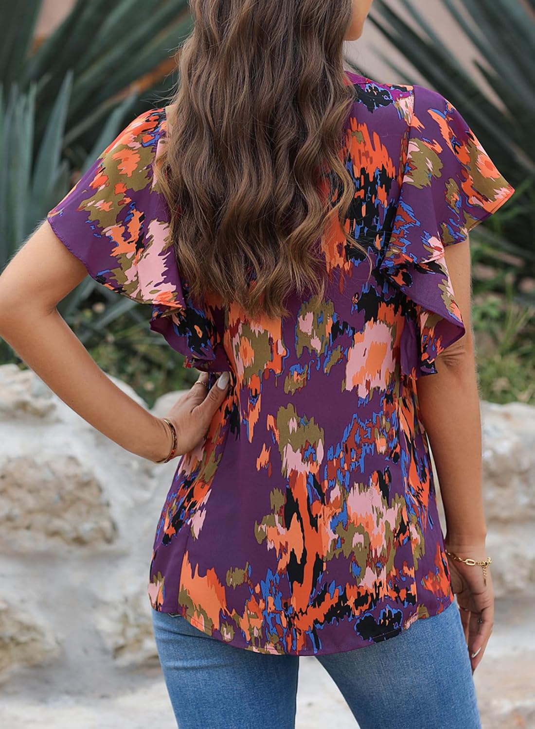 Women's Fashion Ruffle Chiffon Shirt V Neck Pullover Printed Blouse Elegant Short Sleeve Blouse