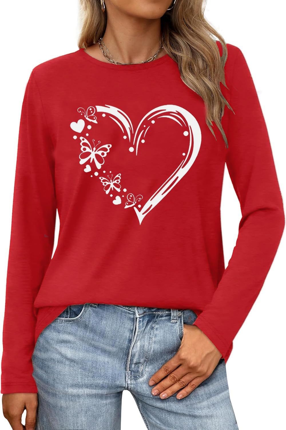 Women Love Heart Casual Funny Long Sleeve Tee Tops