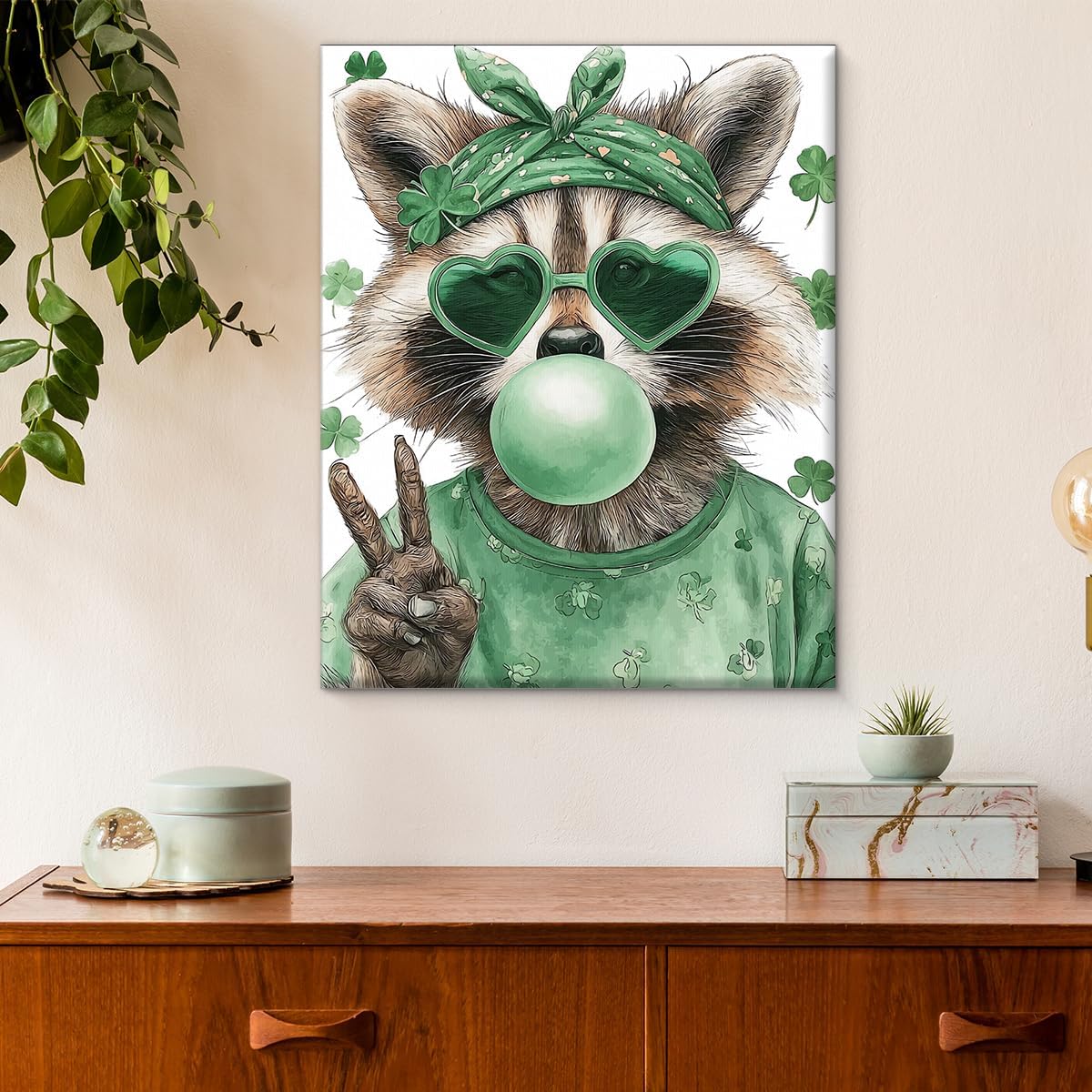 Raccoon St. Patrick's Day Wall Art Print Clover Raccoon Poster Picture Irish Green Wall Decor