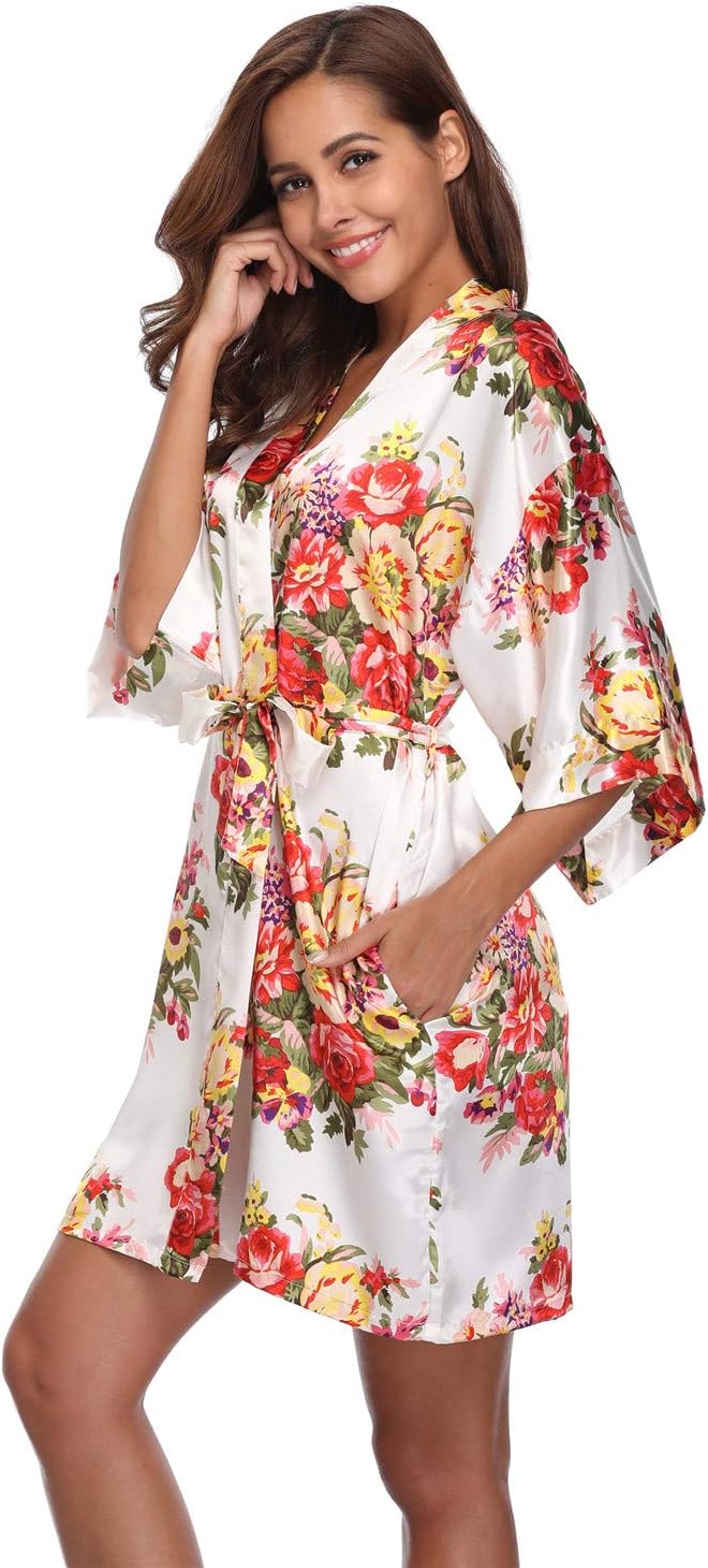 Women's Floral Satin Kimono Robes Short Bridesmaids Robes