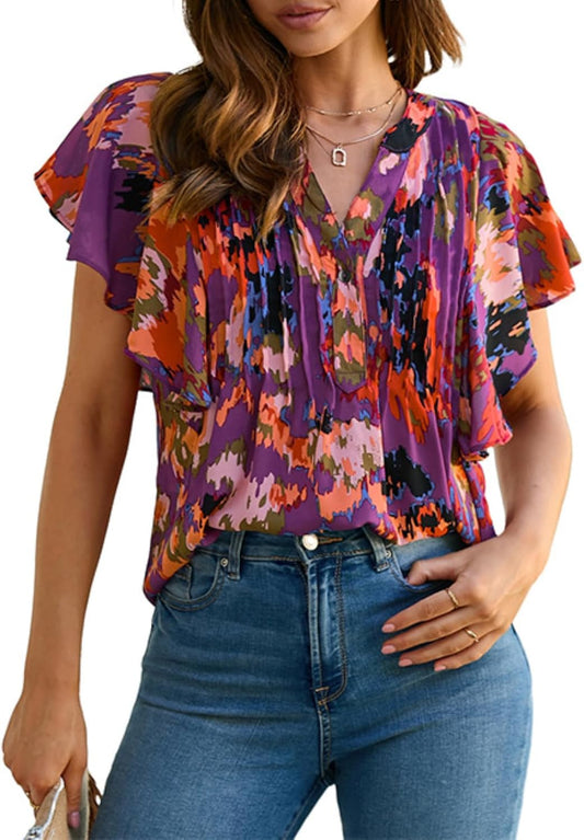 Women's Fashion Ruffle Chiffon Shirt V Neck Pullover Printed Blouse Elegant Short Sleeve Blouse