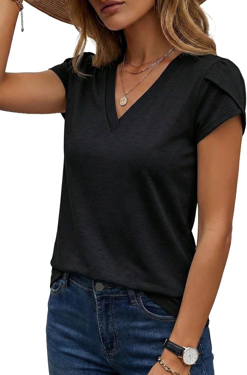Women Petal Sleeve Summer Tops Capsule Wardrobe Essentials Dressy Casual Blouse