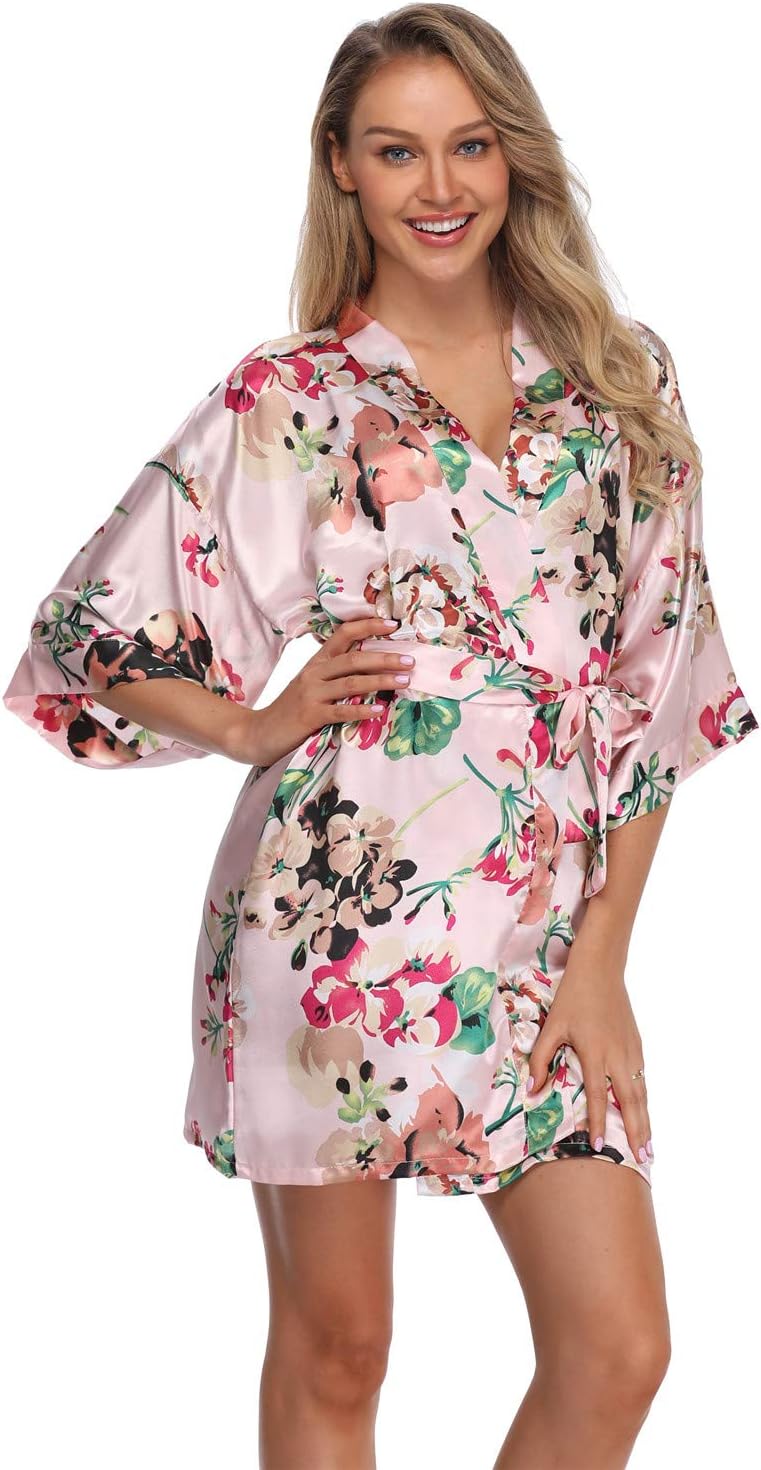 Women's Floral Satin Kimono Robes Short Bridesmaids Robes