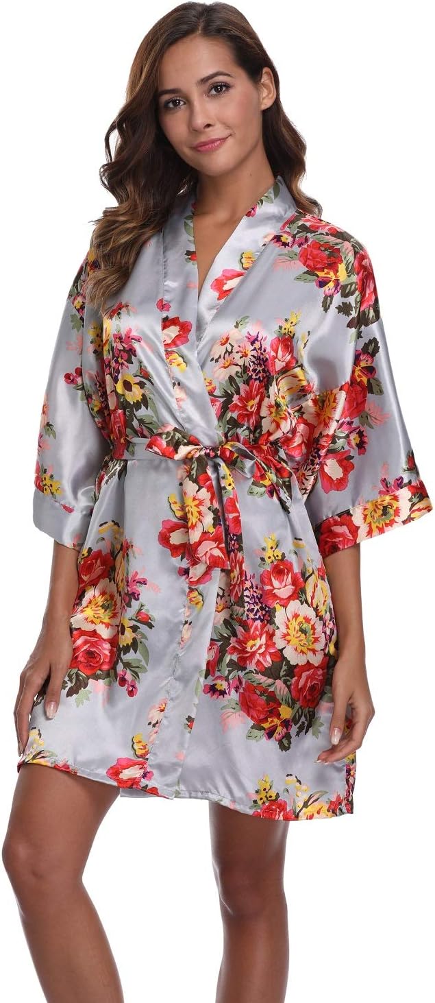 Women's Floral Satin Kimono Robes Short Bridesmaids Robes