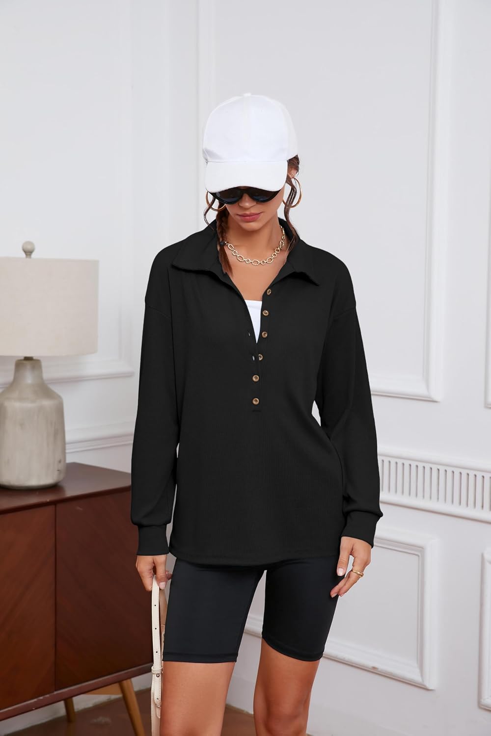 Womens Sweatshirt Casual Long Sleeve Lightweight Sweatshirts Button Loose Pullover Tunic Tops