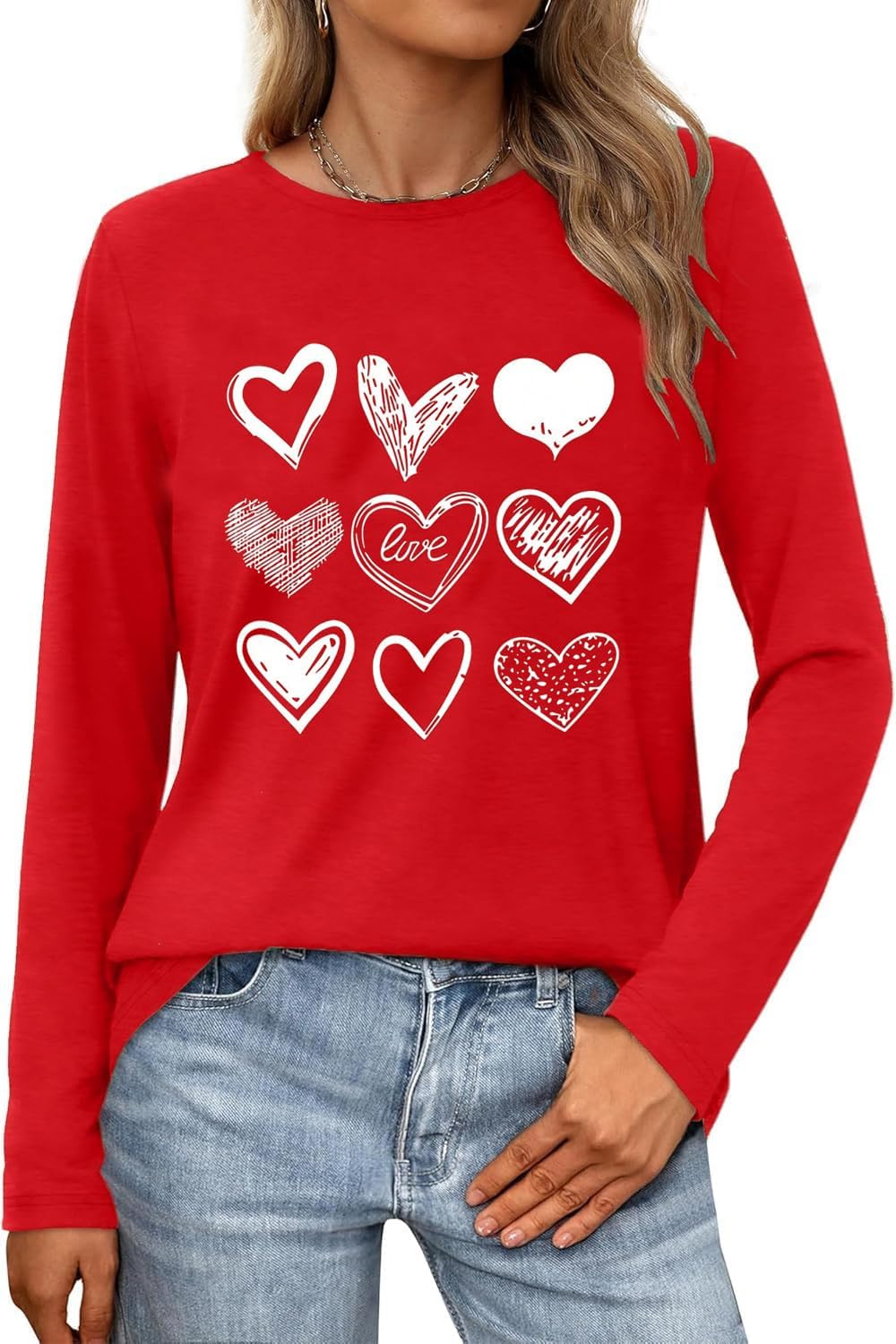 Women Love Heart Casual Funny Long Sleeve Tee Tops